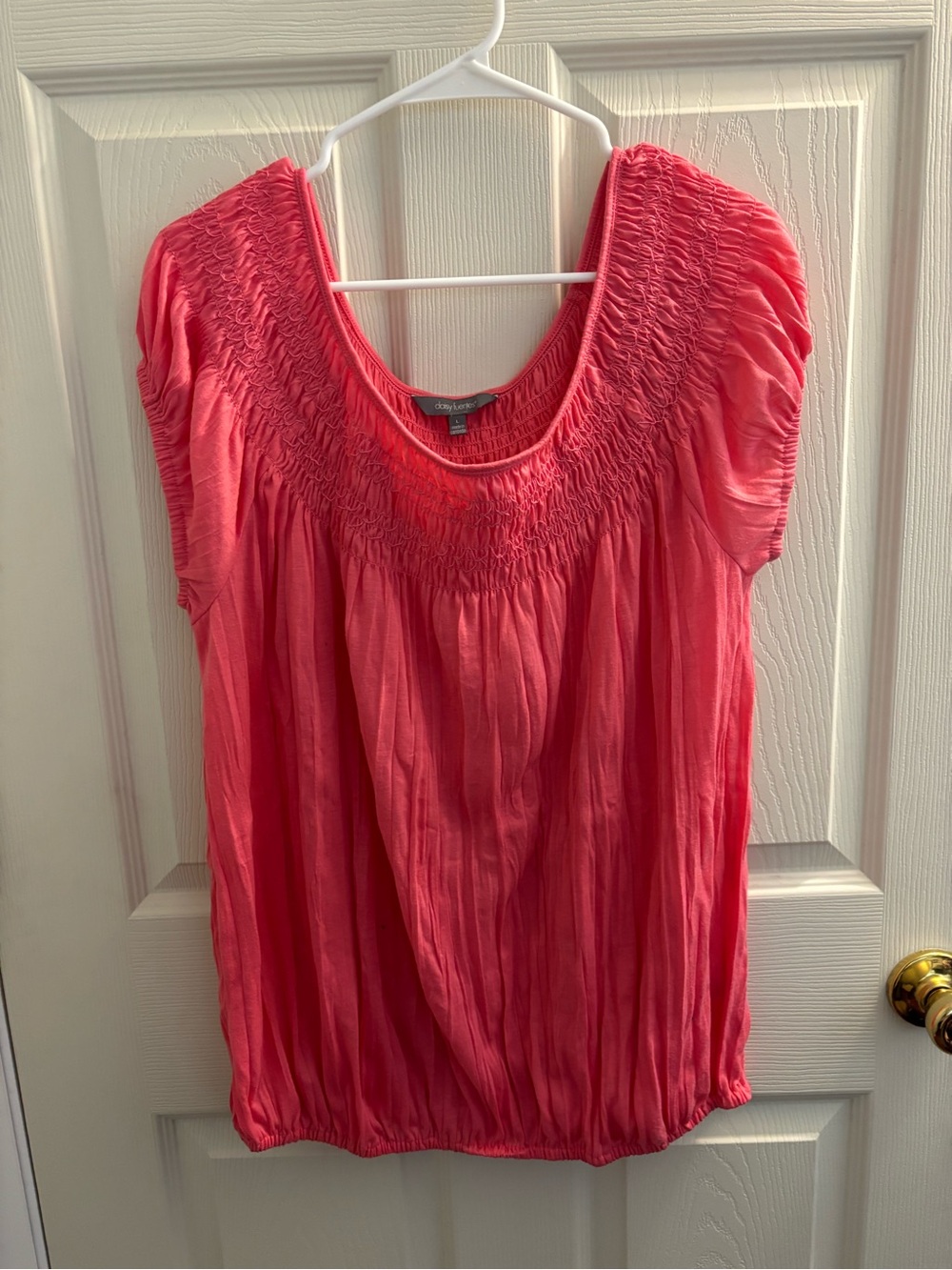Pink Smocked Neck Short Sleeve Top L